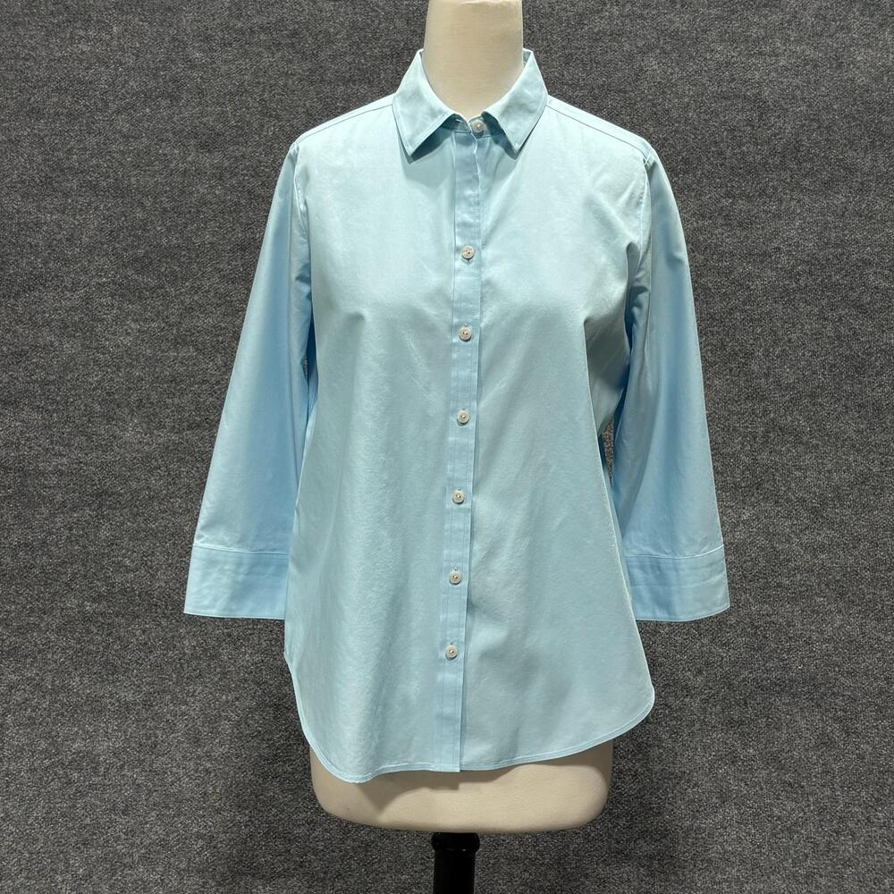 Foxcroft Shirt Womens Small Blue Solid Button Front 3/4 Sleeve Cotton Basic Top